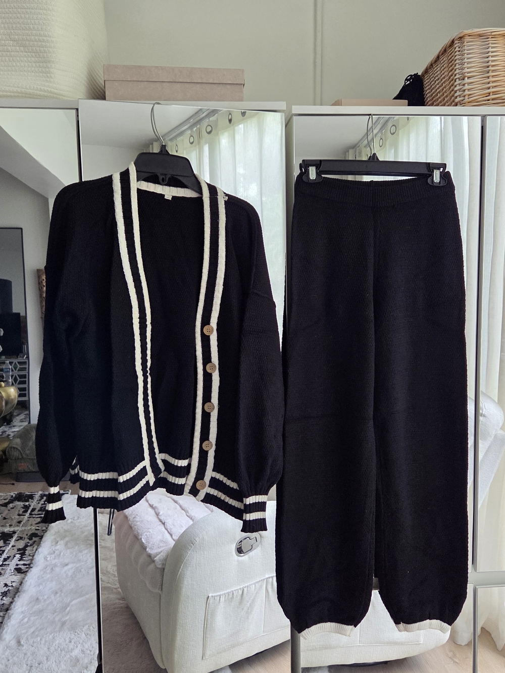 Black Knit Cardigan & Pants Set with Cream Trim